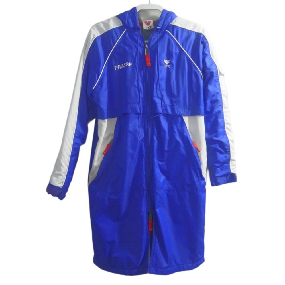 TYR blue & white fleece lined long sports swimming parka jacket ADULT size XXS